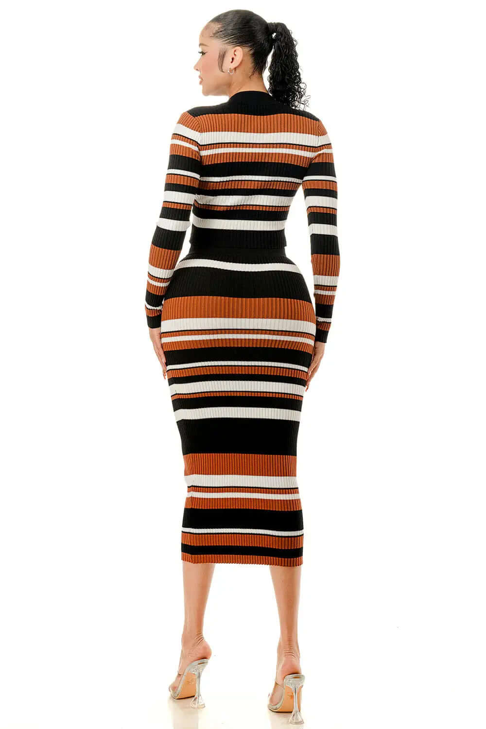 Multi Color Stripe V-Neck Crop Top & Two Piece Midi Skirt Set The House of Stylez