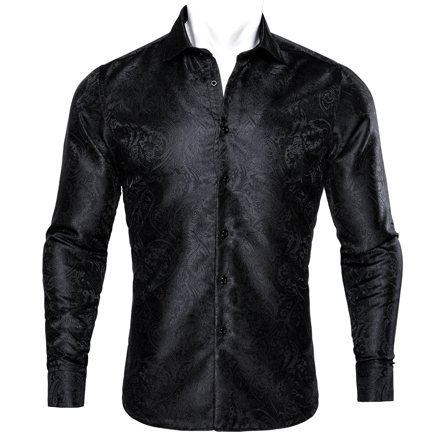 Barry.Wang Luxury Black Paisley Silk Shirts Men Long Sleeve Casual Flower Silver Shirts For Men Designer Fit Dress Shirt BY-0058