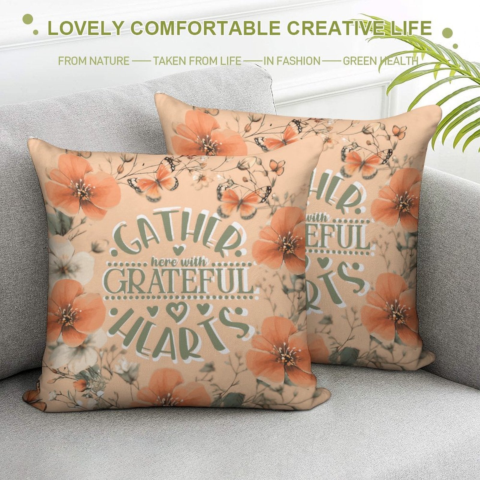 Gather Here with Grateful Hearts Orange 2-Piece Ultra-Soft Pillowcase Set - 18"×18" Shell Design Boutique