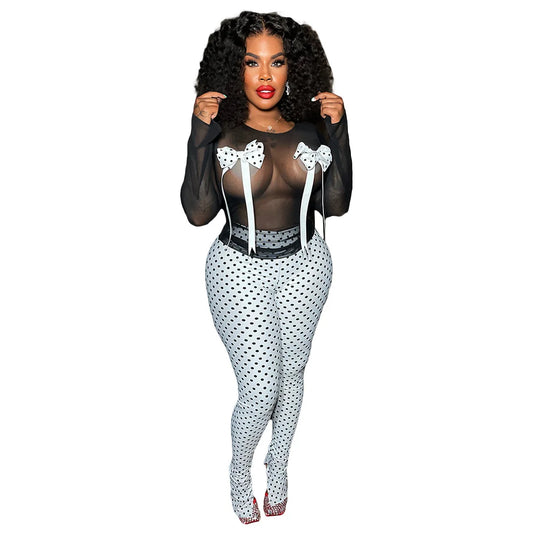 FAGADOER Vintage Y2k Polka Dot 2 Piece Sets Outfit Women Mesh See Through Bow Top and Stacked Pants Suits Ladies Club Streetwear