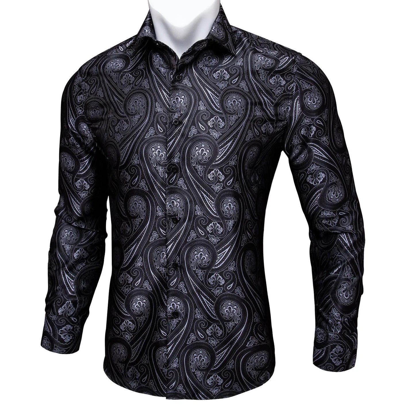 Barry.Wang Luxury Black Paisley Silk Shirts Men Long Sleeve Casual Flower Silver Shirts For Men Designer Fit Dress Shirt BY-0058