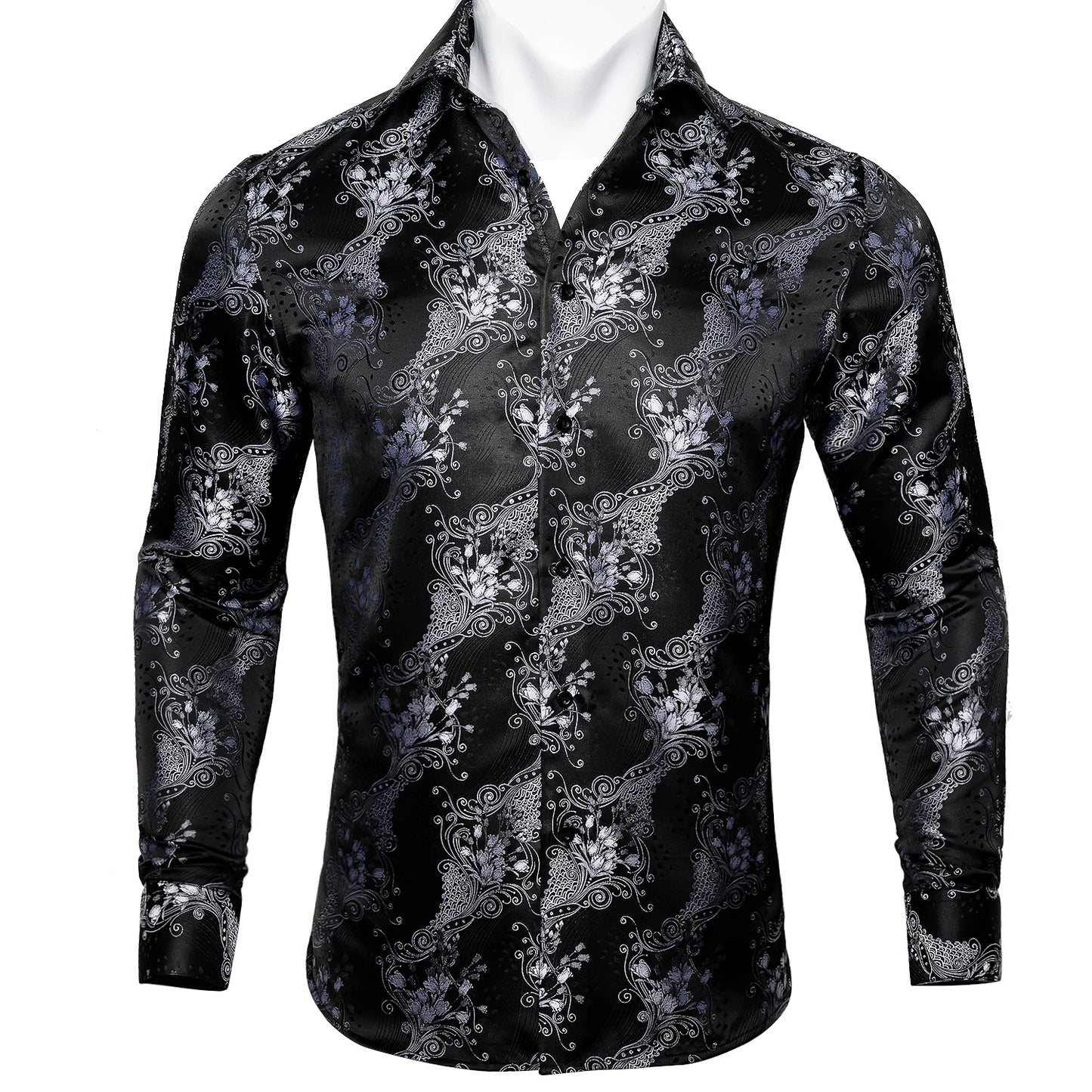 Barry.Wang Luxury Black Paisley Silk Shirts Men Long Sleeve Casual Flower Silver Shirts For Men Designer Fit Dress Shirt BY-0058