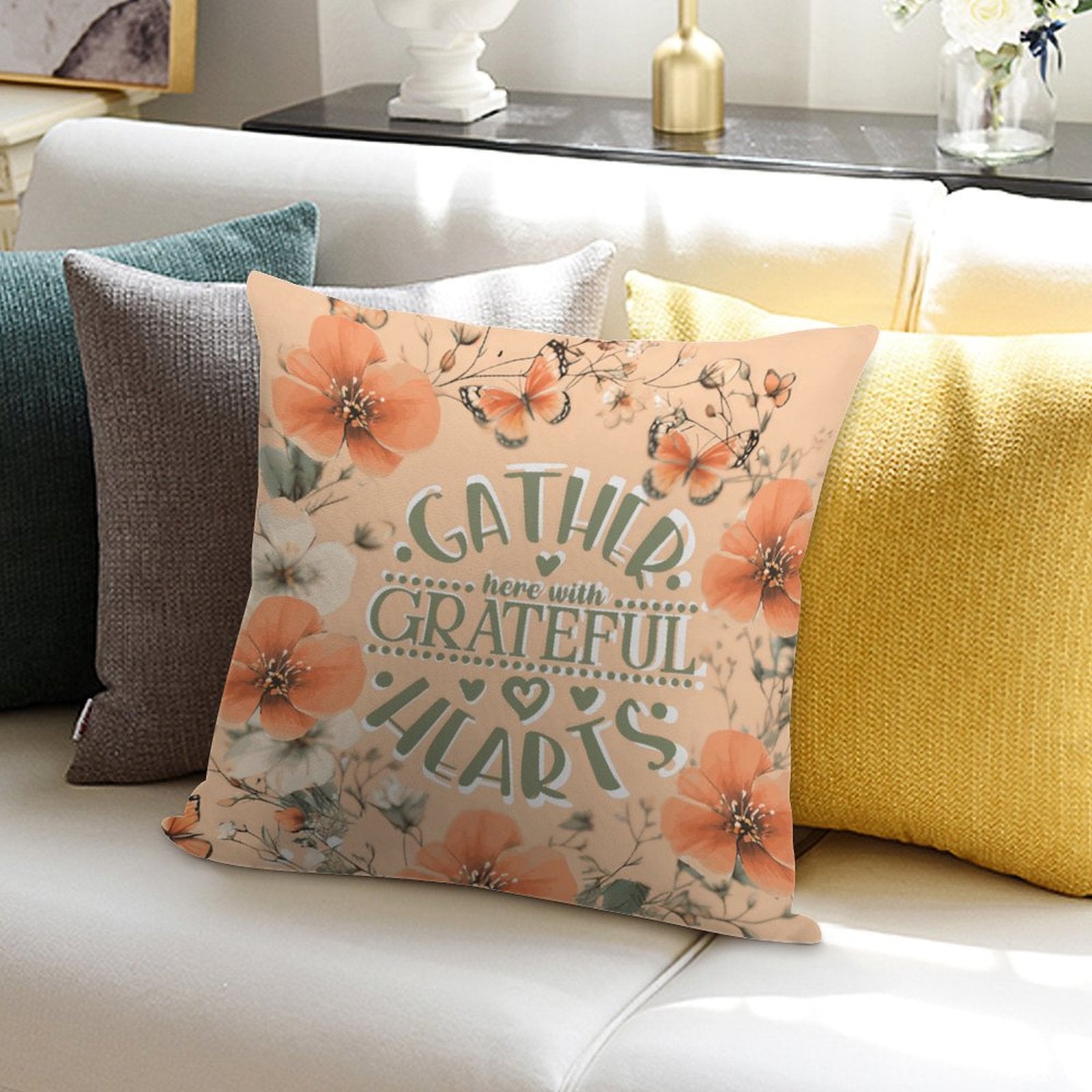 Gather Here with Grateful Hearts Orange 2-Piece Ultra-Soft Pillowcase Set - 18"×18" Shell Design Boutique