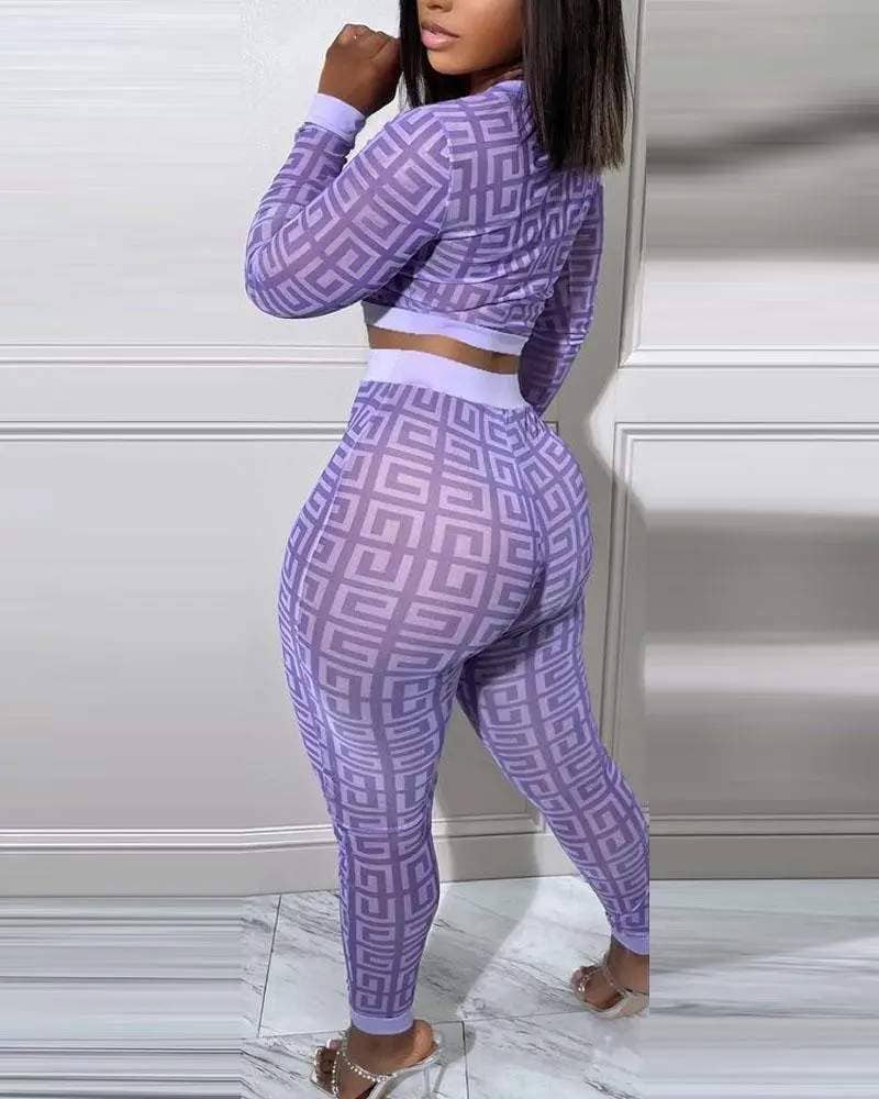 Geometric print long sleeve crop top pants set Fashion Combination