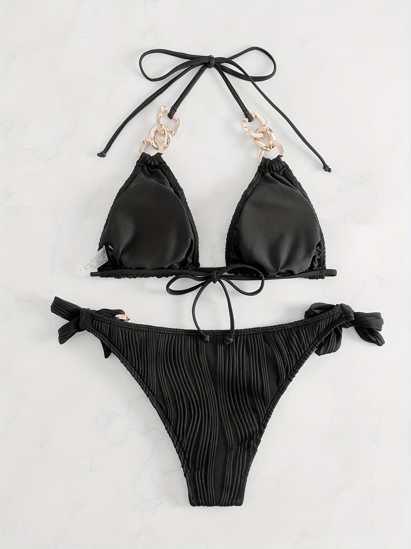 Bikini Ruched Texture Golden Chain 2 Piece Triangle Swimsuit for Women – Striped Halter Bikini Set with Bow Tie Side and Elegant Ring Link Detail – Stretchy Beachwear for Pool Bathing and Summer Vacations Stevvex