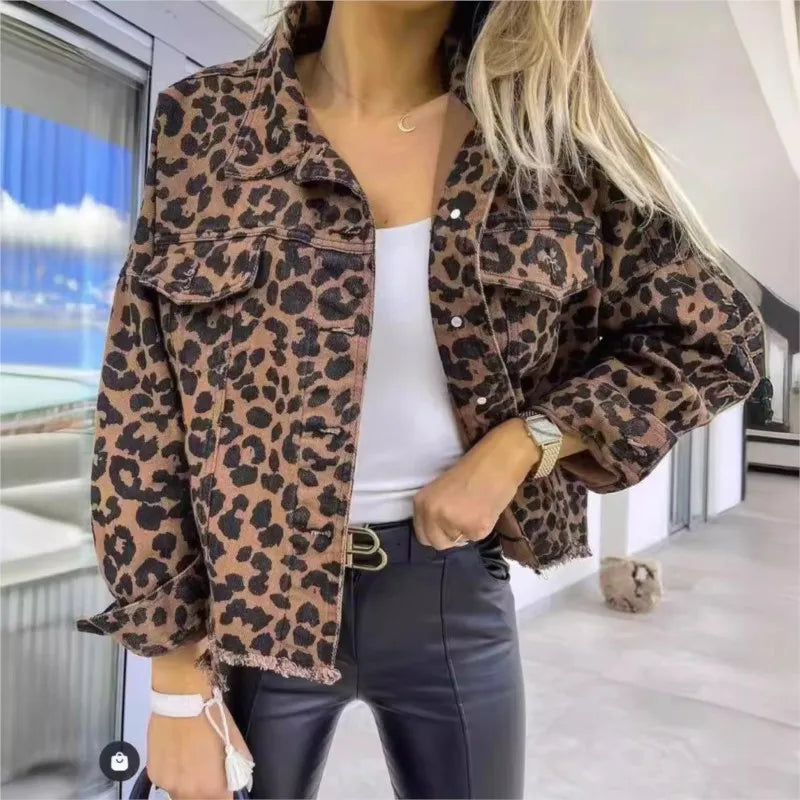 Spring Autumn Vintage Leopard Denim Coat For Women New Fashionable And Trendy Style Female Jacket Leopard Print Jeans Outwear