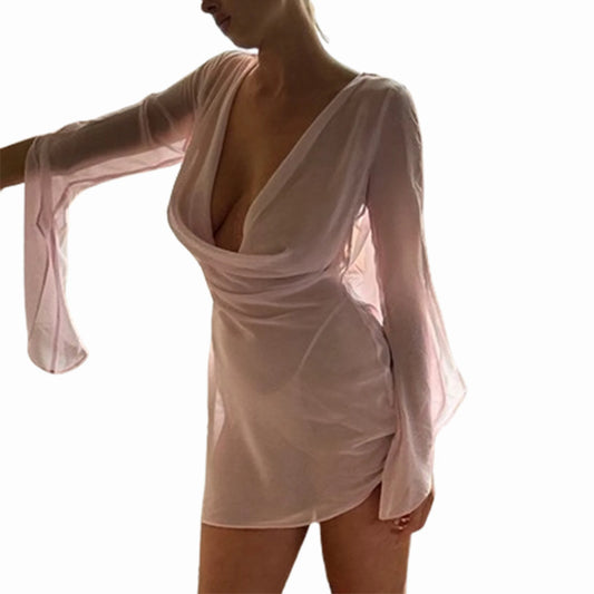 Women Lingerie Nightgown Sheer Mesh Cowl Neck Backless Babydoll Dress for Sleepwear Exotic Nightwear