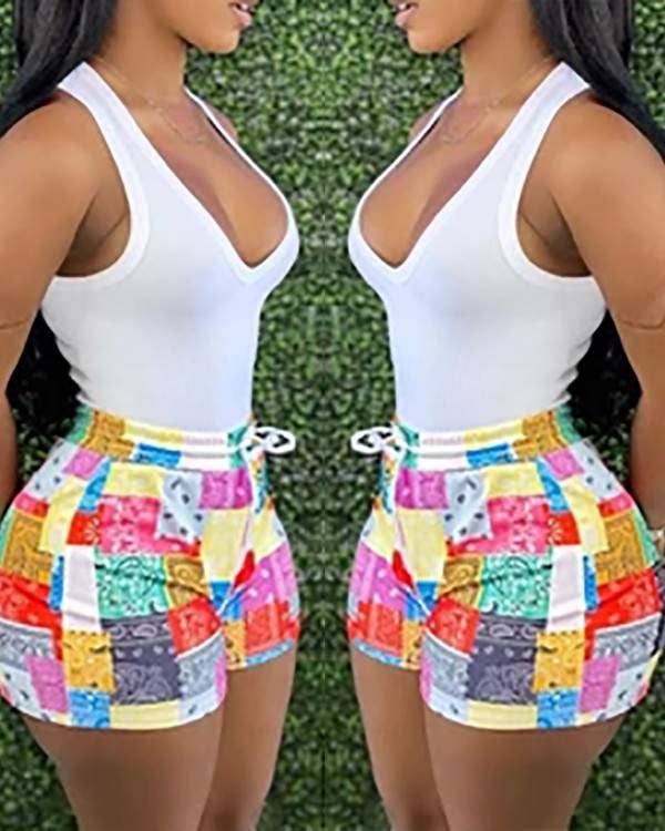 Solid halter tank top all over print shorts set Fashion Combination