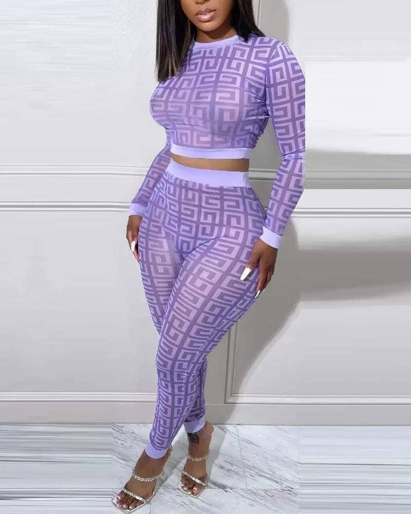 Geometric print long sleeve crop top pants set Fashion Combination