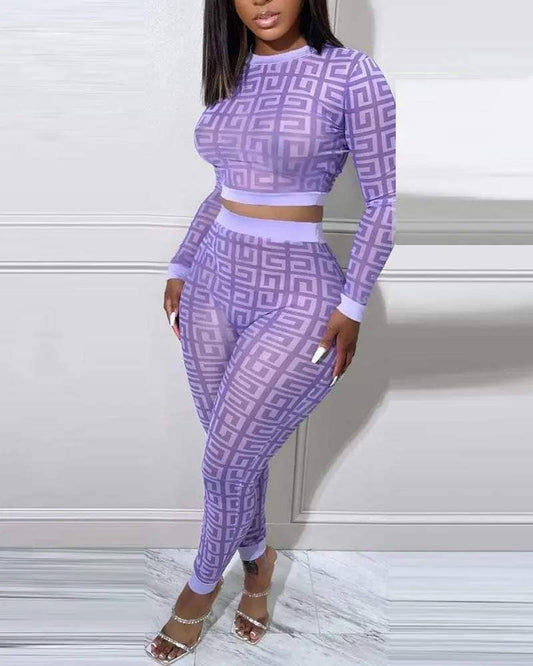 Geometric print long sleeve crop top pants set Fashion Combination