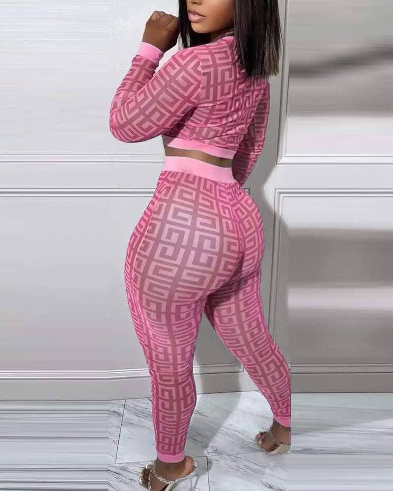 Geometric print long sleeve crop top pants set Fashion Combination