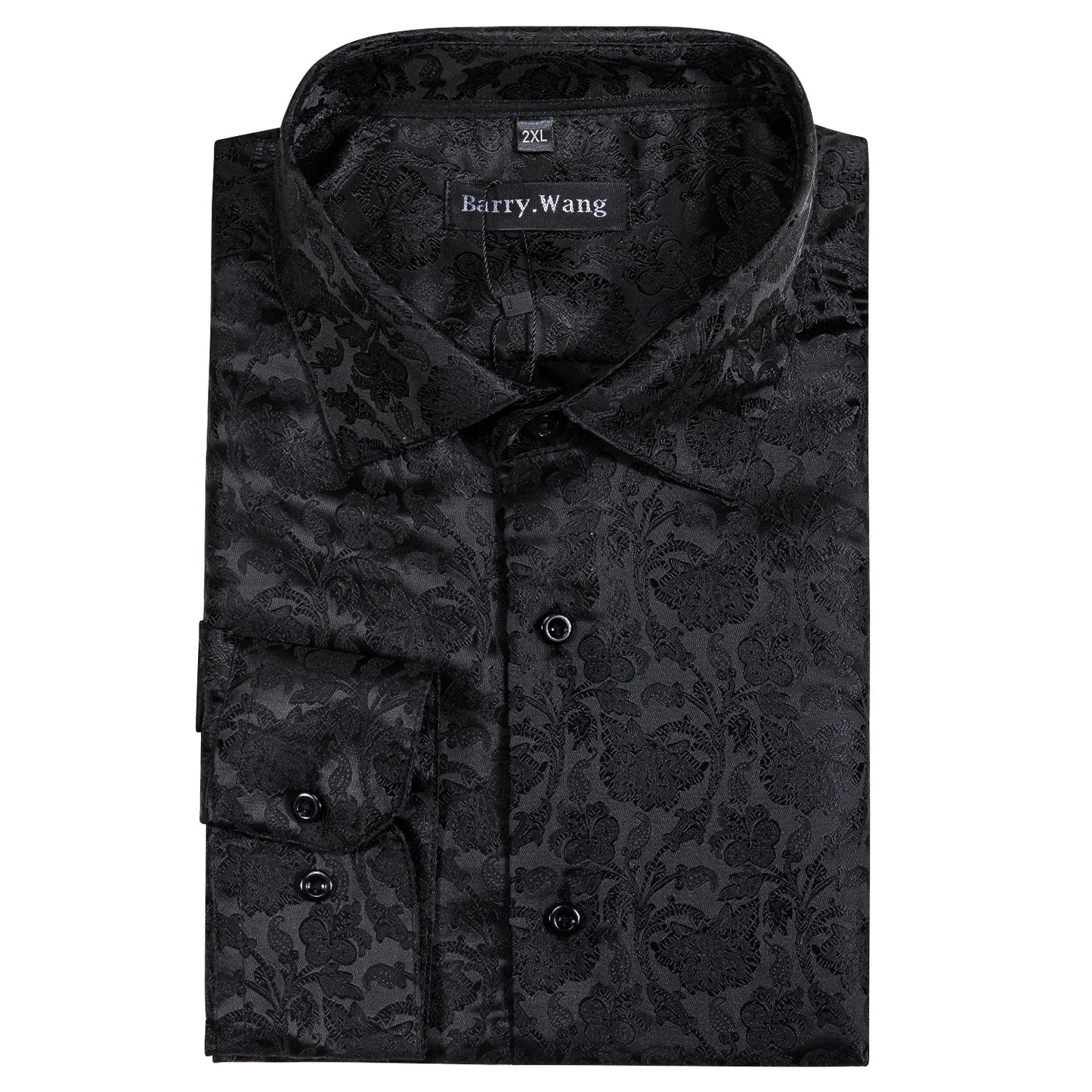 Barry.Wang Luxury Black Paisley Silk Shirts Men Long Sleeve Casual Flower Silver Shirts For Men Designer Fit Dress Shirt BY-0058