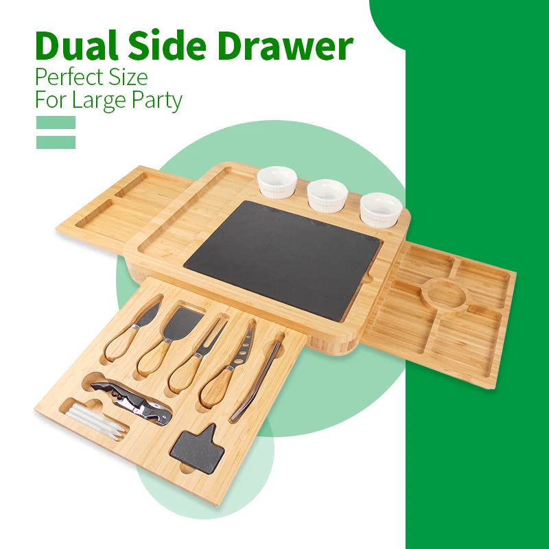 Eco-Friendly Cheap Bamboo Cheese And Knife Set Board Set With Slide-Out Drawer Charcuterie Platter