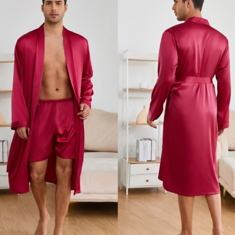 Men Ice Silk Robe&shorts Set Nightwear Spring Summer Robe Suit Loose Kimono Intimate Lingerie Solid Color Home Clothes Bathrobe