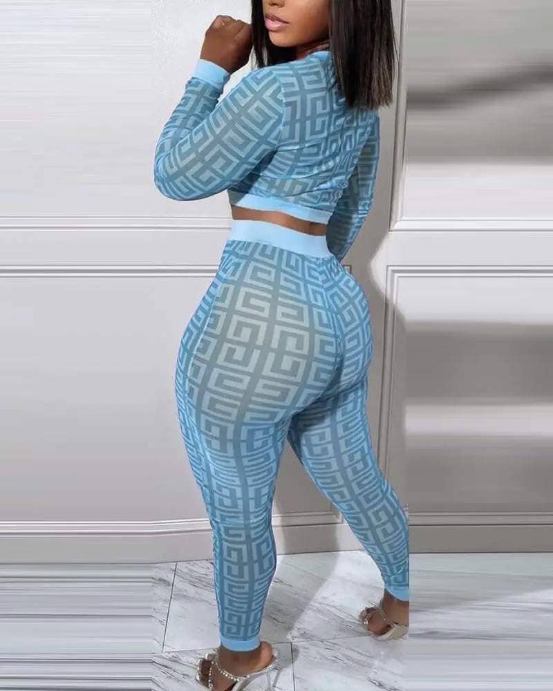 Geometric print long sleeve crop top pants set Fashion Combination
