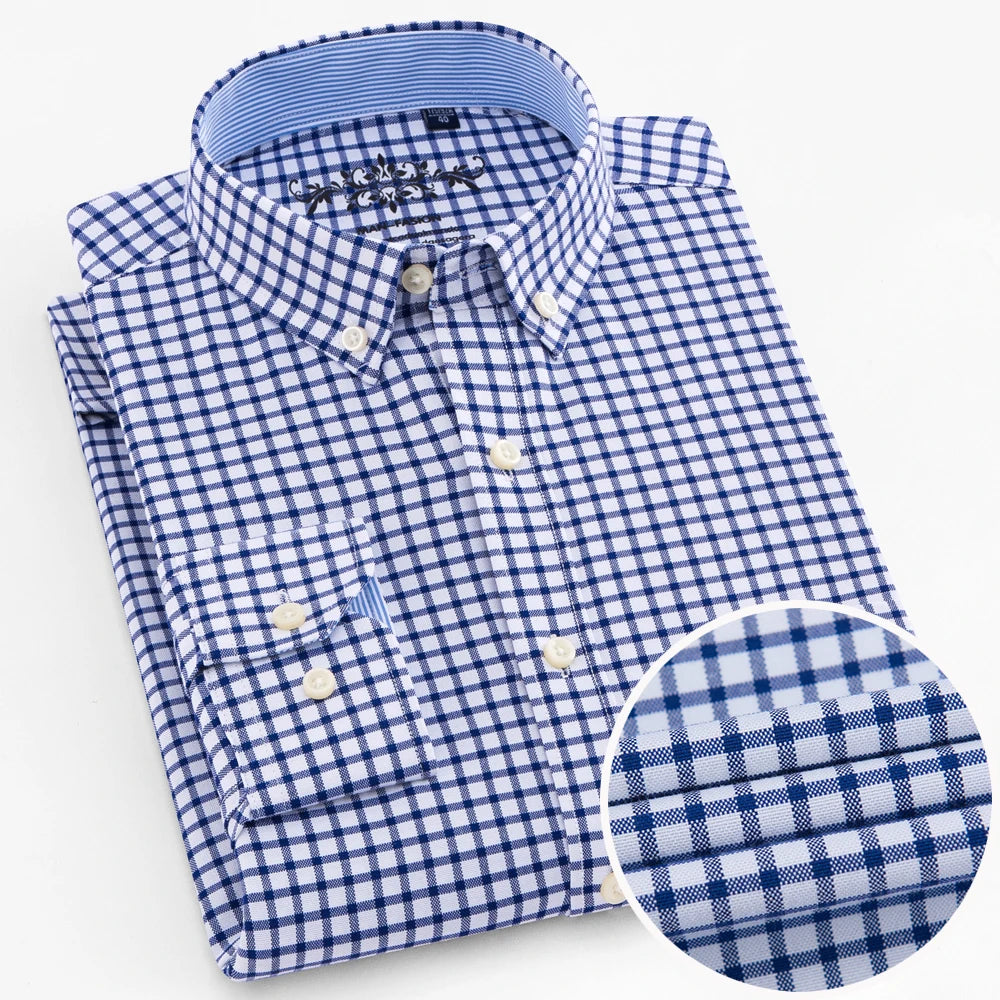 Men's Long Sleeve Oxford Plaid Striped Work Casual Shirt with Pocket, Spring Autumn  Cotton Blend Regular-fit Button-down Shirts