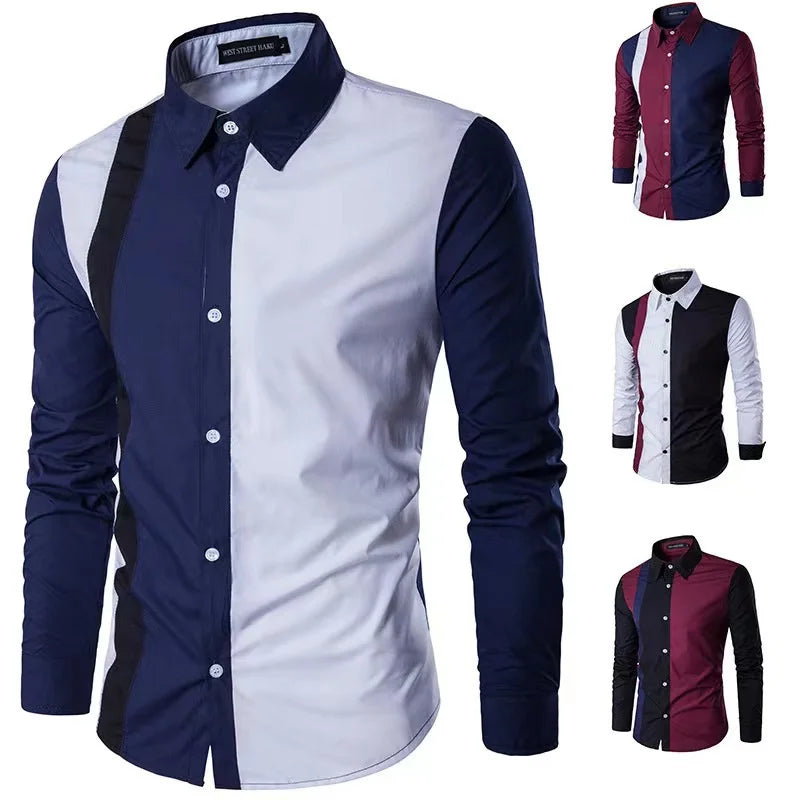 Men's Shirt Spliced Striped Luxurious and Comfortable Button Long Sleeve Suit Lapel Shirt Soft and Comfortable Material