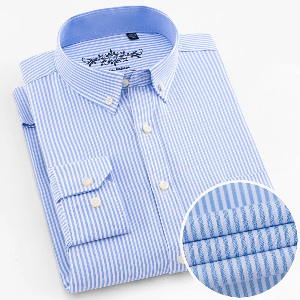 Men's Long Sleeve Oxford Plaid Striped Work Casual Shirt with Pocket, Spring Autumn  Cotton Blend Regular-fit Button-down Shirts