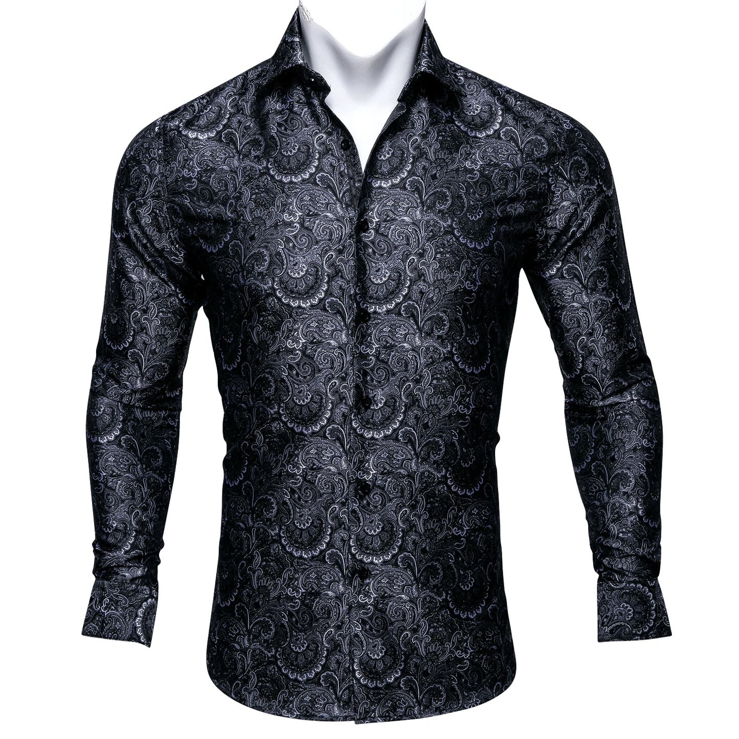 Barry.Wang Luxury Black Paisley Silk Shirts Men Long Sleeve Casual Flower Silver Shirts For Men Designer Fit Dress Shirt BY-0058