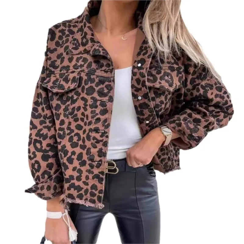 Spring Autumn Vintage Leopard Denim Coat For Women New Fashionable And Trendy Style Female Jacket Leopard Print Jeans Outwear