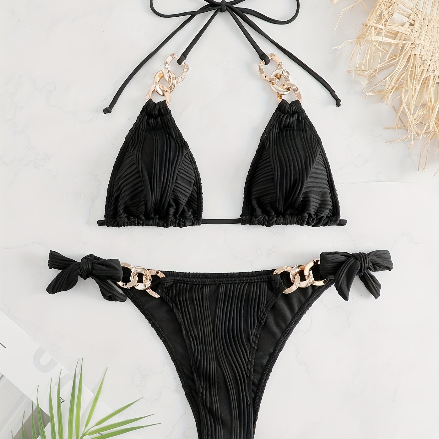 Bikini Ruched Texture Golden Chain 2 Piece Triangle Swimsuit for Women – Striped Halter Bikini Set with Bow Tie Side and Elegant Ring Link Detail – Stretchy Beachwear for Pool Bathing and Summer Vacations Stevvex