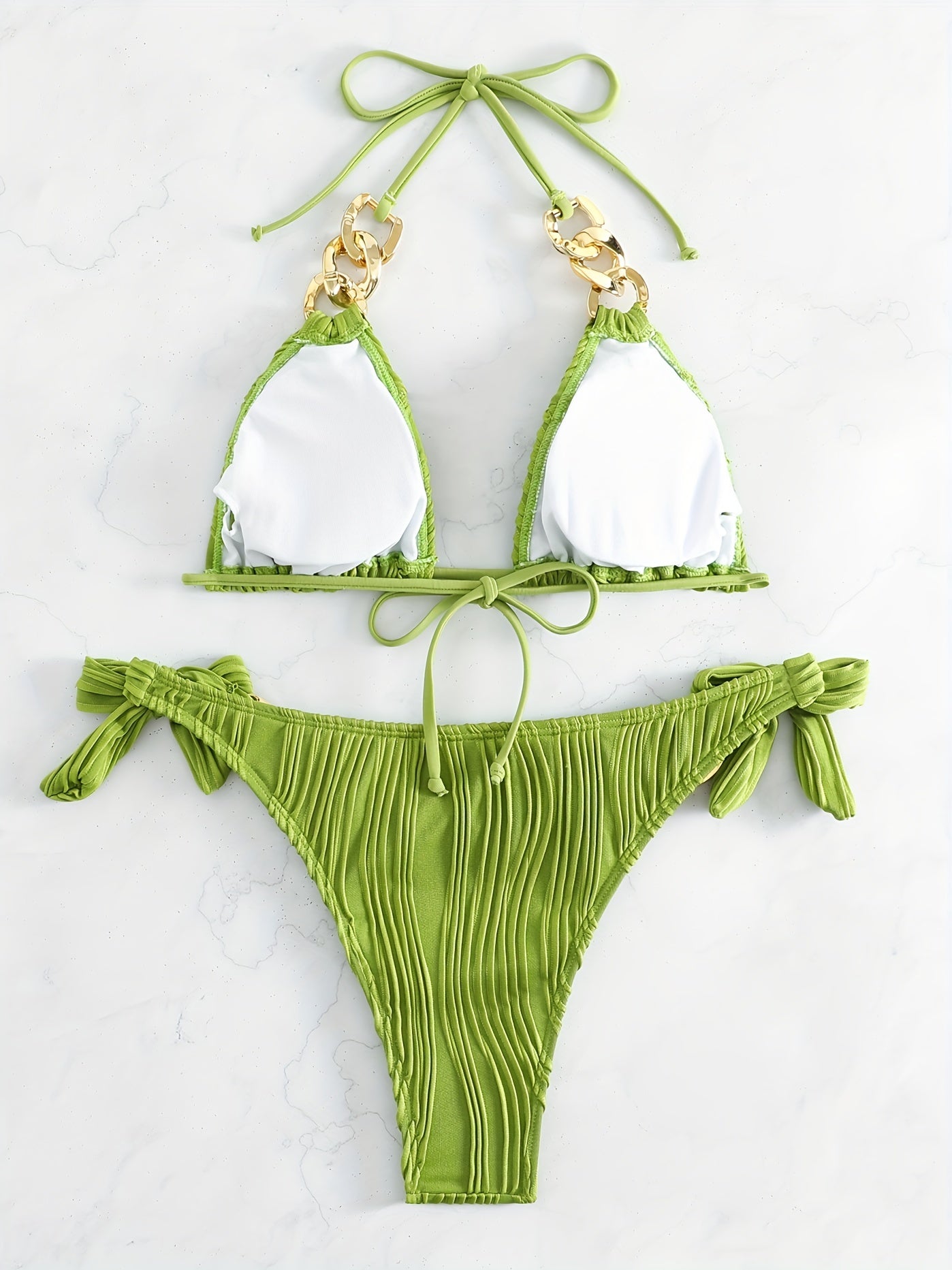 Bikini Ruched Texture Golden Chain 2 Piece Triangle Swimsuit for Women – Striped Halter Bikini Set with Bow Tie Side and Elegant Ring Link Detail – Stretchy Beachwear for Pool Bathing and Summer Vacations Stevvex