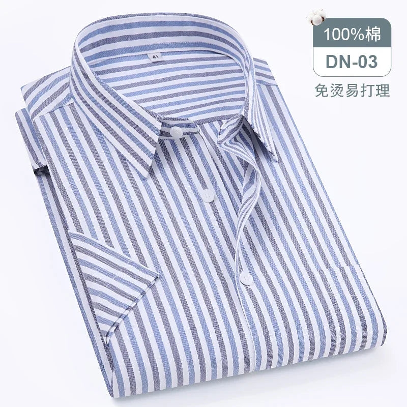 New Quality 100%Pure Cotton Men Short Sleeves Social Shirt for Oxford Shirt Men Plaid Striped Work Casual Pocket Shirts S-8XL