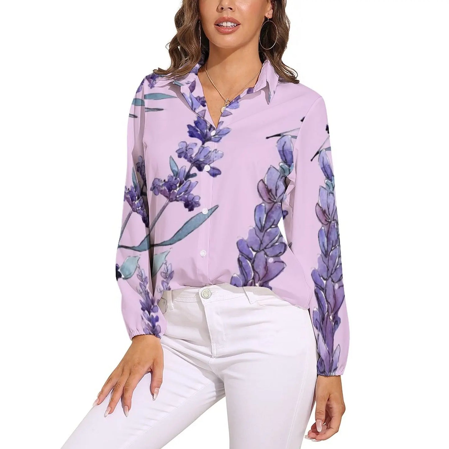 Fields of Lavender Loose Blouse Nature Purple Flowers Simple Oversized Blouses Womens Long Sleeve Trendy Shirt Spring Print Tops