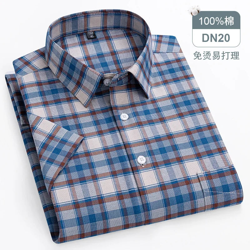 New Quality 100%Pure Cotton Men Short Sleeves Social Shirt for Oxford Shirt Men Plaid Striped Work Casual Pocket Shirts S-8XL