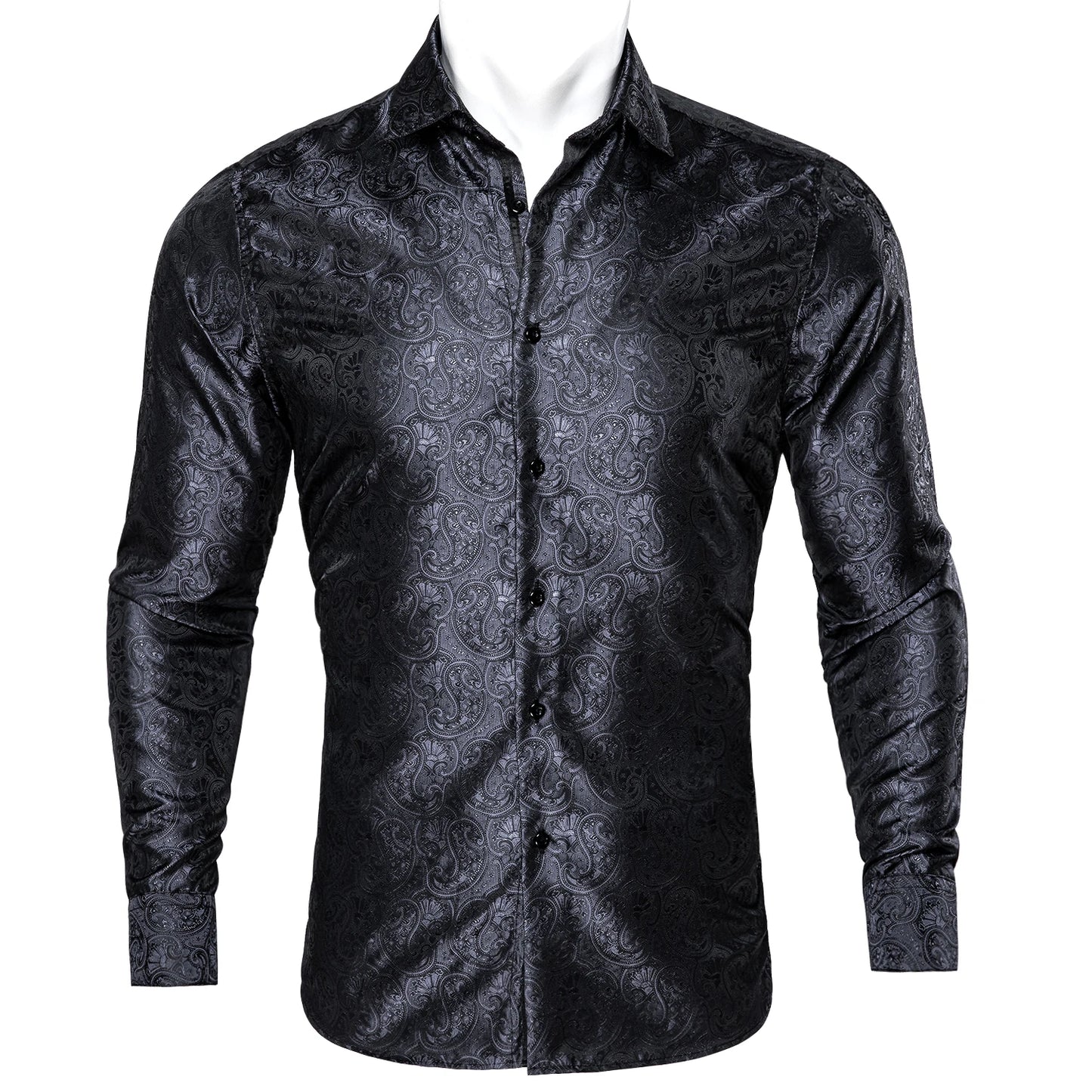 Barry.Wang Luxury Black Paisley Silk Shirts Men Long Sleeve Casual Flower Silver Shirts For Men Designer Fit Dress Shirt BY-0058