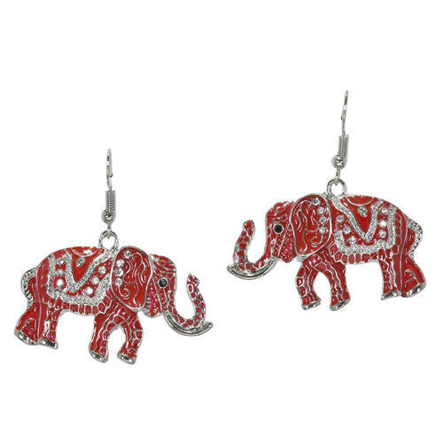 Silver/Red, elephant enamel with crystal rhinestone dangle earrings