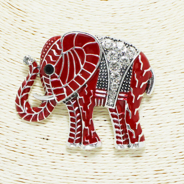 Antique Silver/Red, elephant epoxy with rhinestone pin brooch