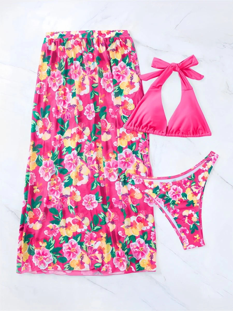 Halter String Print 3 Piece Bikini Long Skirt Swimsuit Women Swimwear Female Bather Bathing Swimming Swim Suit Beachwear