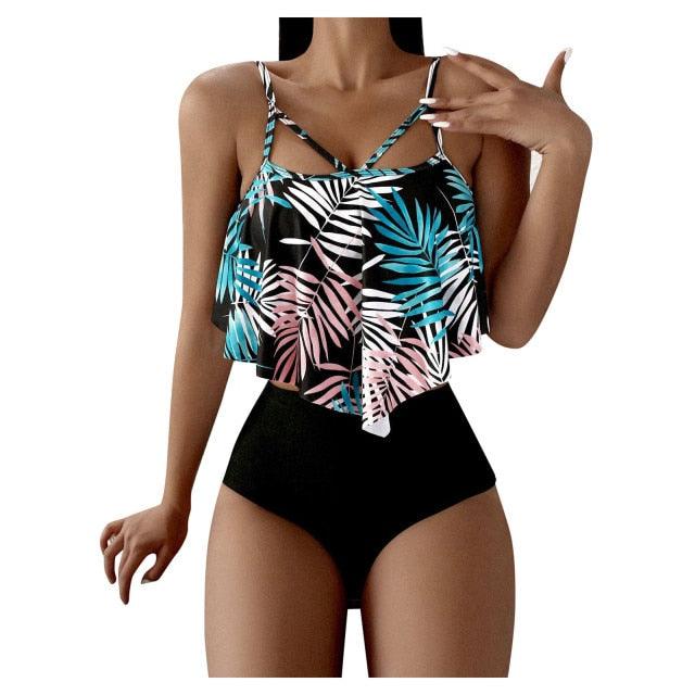 Fashionable And Stylish Design Women Leaf Print Soft Comfortable Suitable High Waist Swimsuit Bikini Women's Suits Two Pieces Top High Waist Bottom Two Piece Sets Beach Swimwear Stevvex