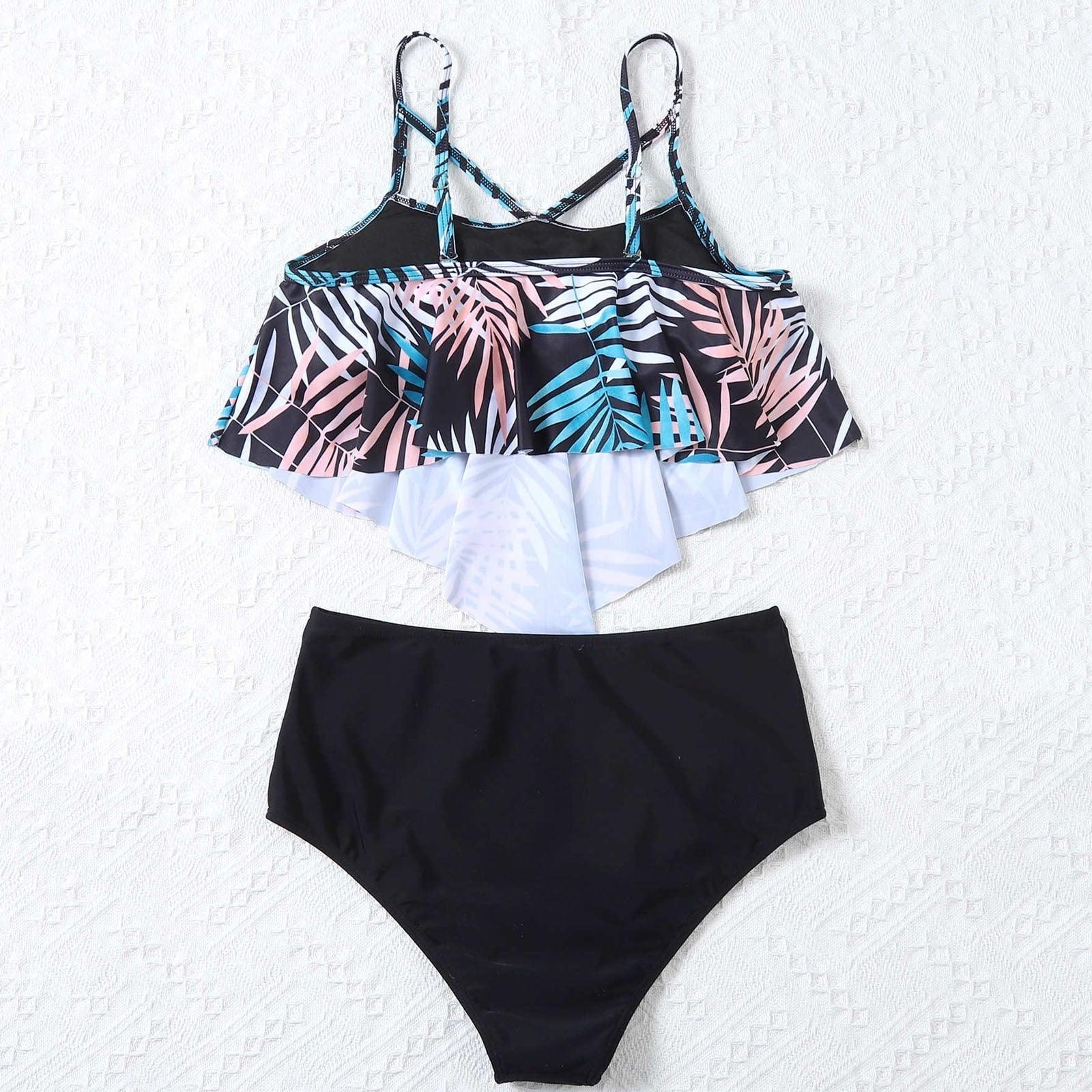 Fashionable And Stylish Design Women Leaf Print Soft Comfortable Suitable High Waist Swimsuit Bikini Women's Suits Two Pieces Top High Waist Bottom Two Piece Sets Beach Swimwear Stevvex