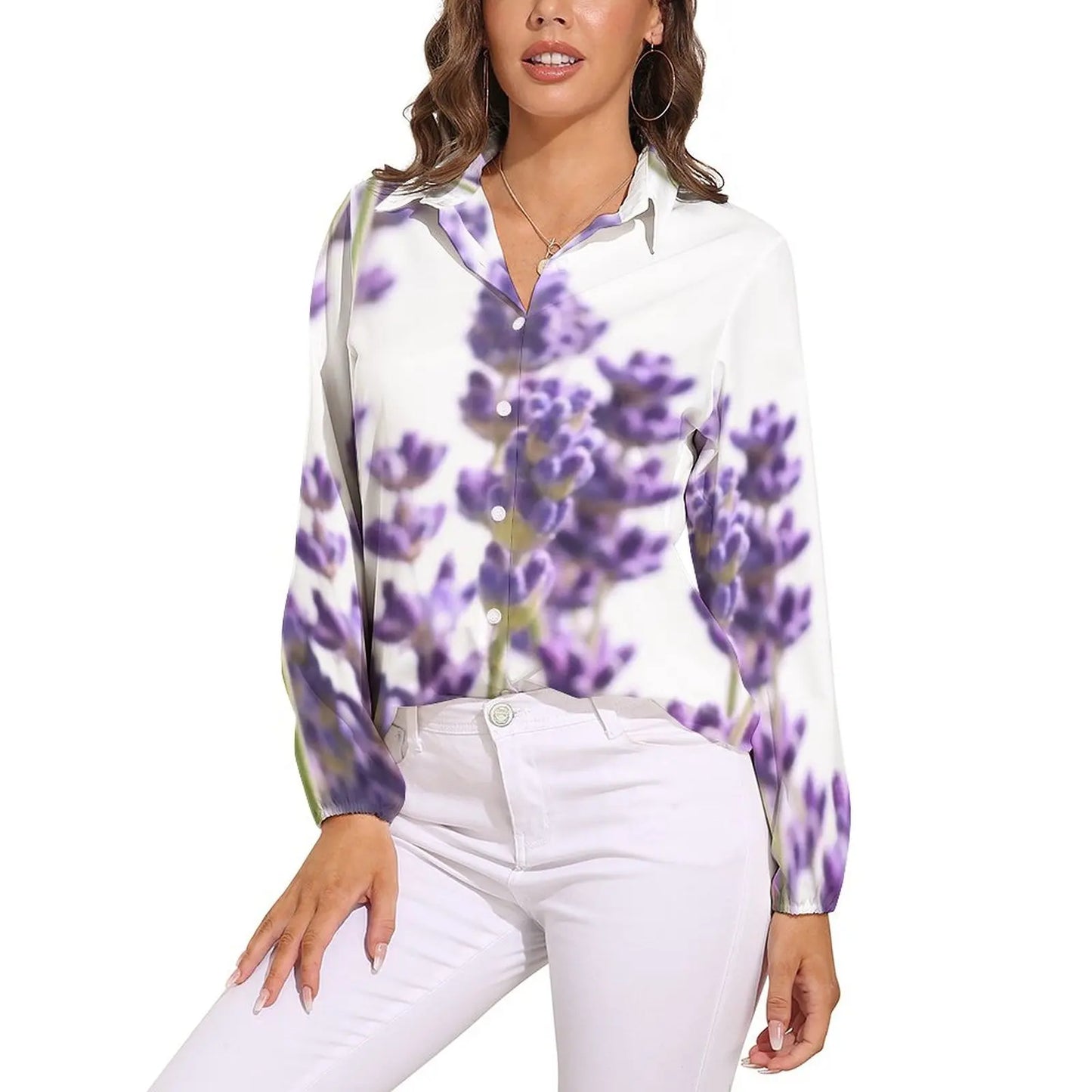 Fields of Lavender Loose Blouse Nature Purple Flowers Simple Oversized Blouses Womens Long Sleeve Trendy Shirt Spring Print Tops