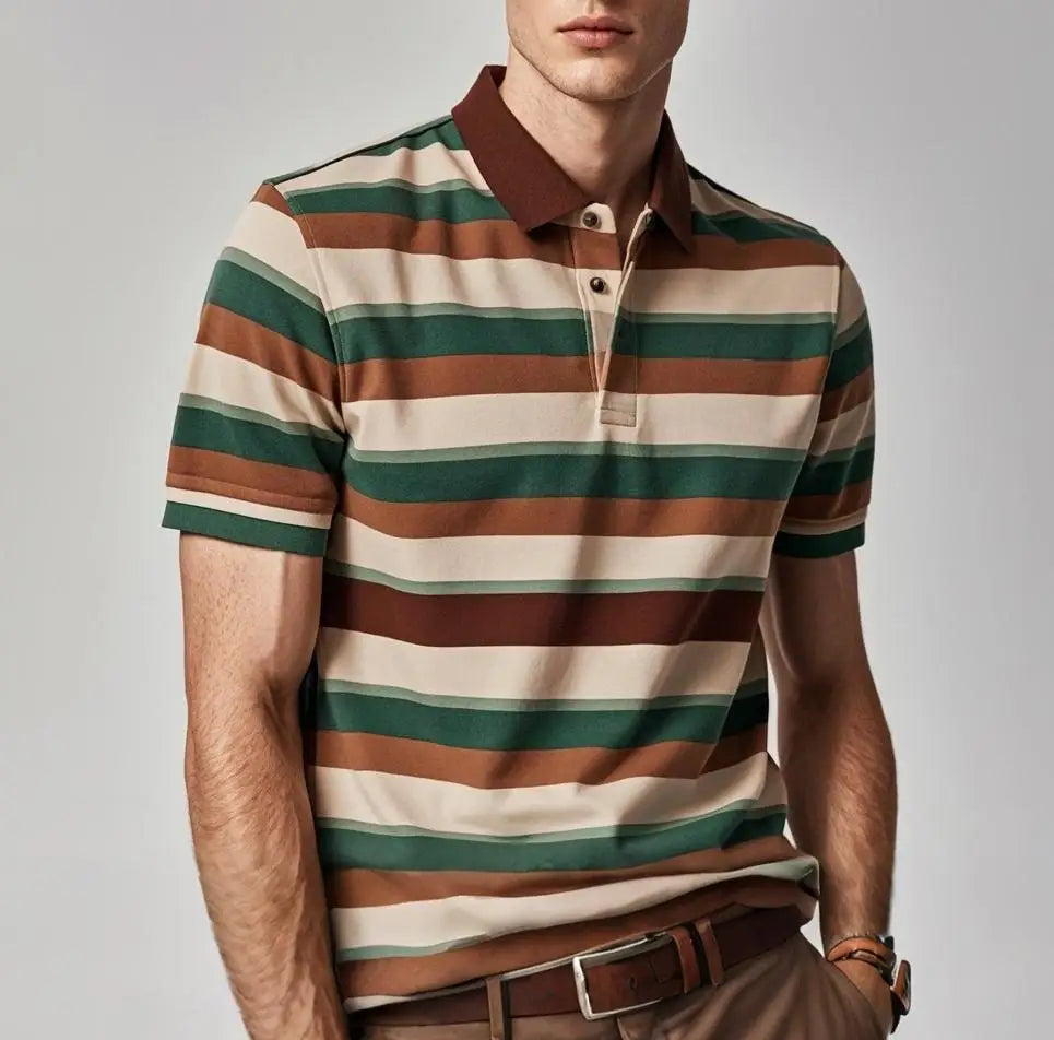 Summer Men's Polo Shirt Casual Stripe Print Button-Down Tops Fashion Business Polo T-Shirt Outdoor Male Oversized Clothing