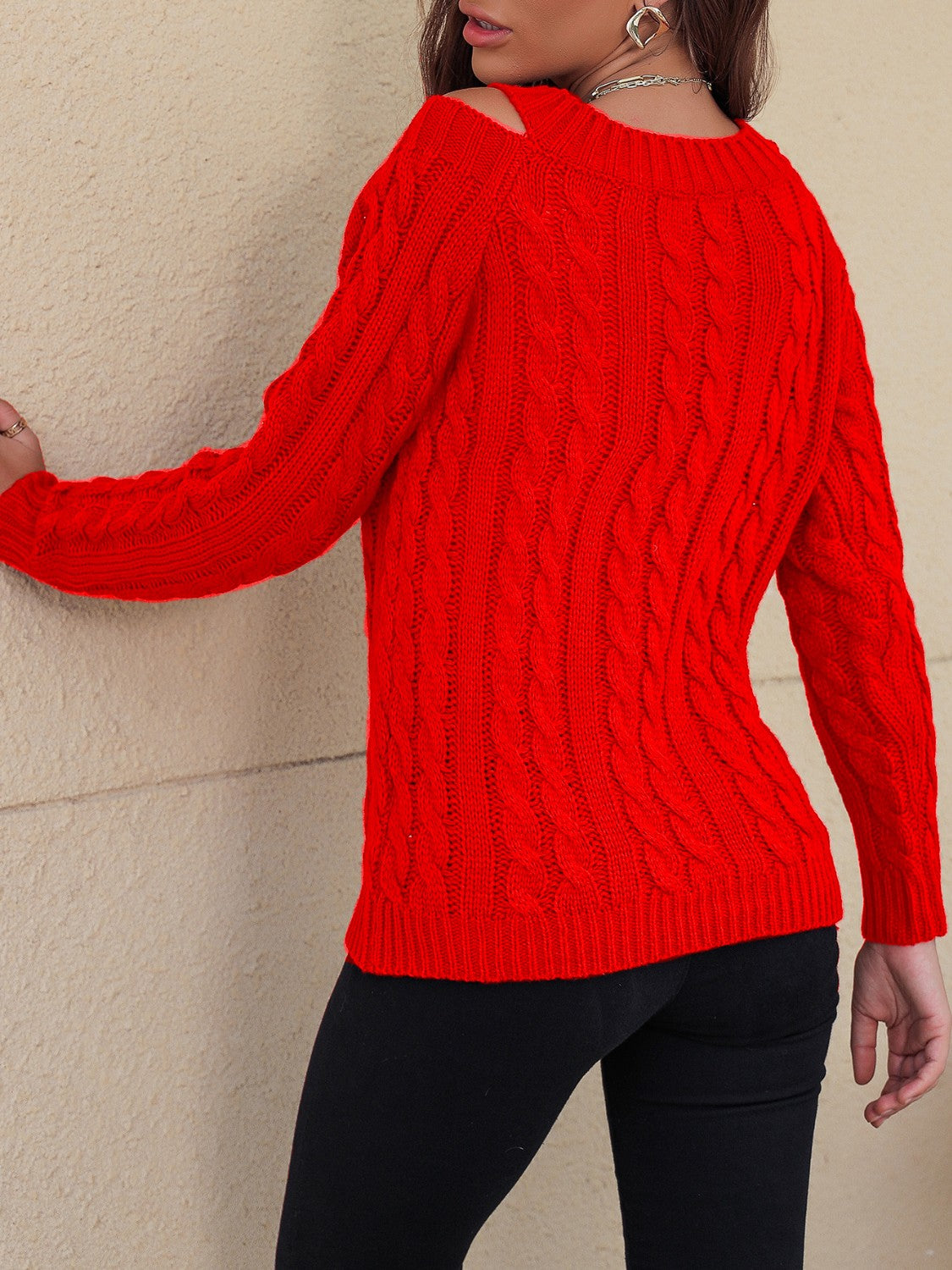 Honey Cable-Knit V-Neck Cold Shoulder Sweater