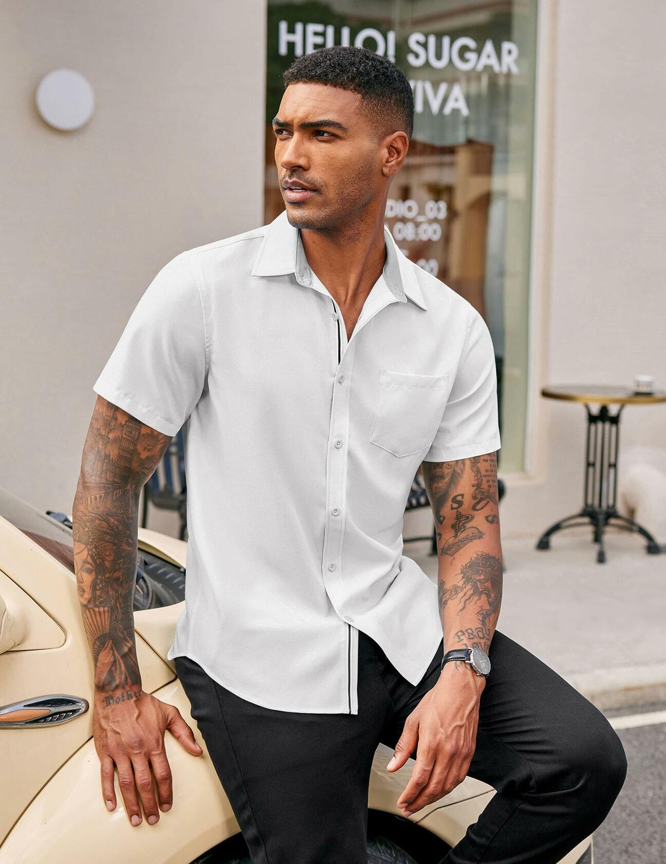 COOFANDY Men's Short Sleeve Button Up Shirt White Size M Deal US